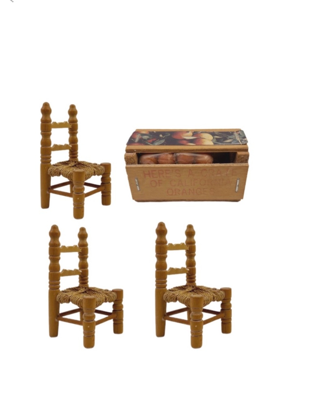 3 Vintage Mini Jute Rattan‎ Woven & Wood Chair Furniture Doll House & Crate
